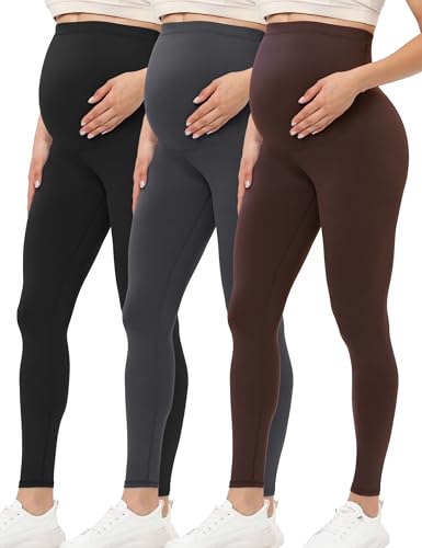 Buttergene 3 Pack Maternity Leggings with Elastic Band - color: 3pack Ink Black/Dark Grey/Brown, size: Medium