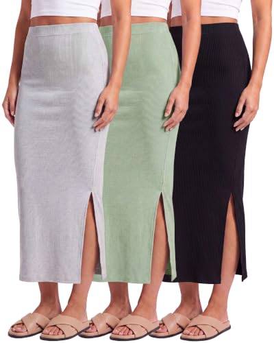3 Pack Women's Ribbed Maxi Long Skirts High Waisted with Side Slit Pencil - color: Set 5, size: Small