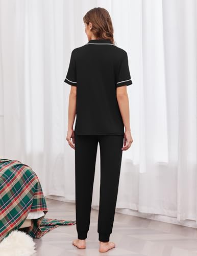Ekouaer Women Pajama Set Short Sleeve Button Down Pjs with Jogger Pants - color: Black, size: XX-Large