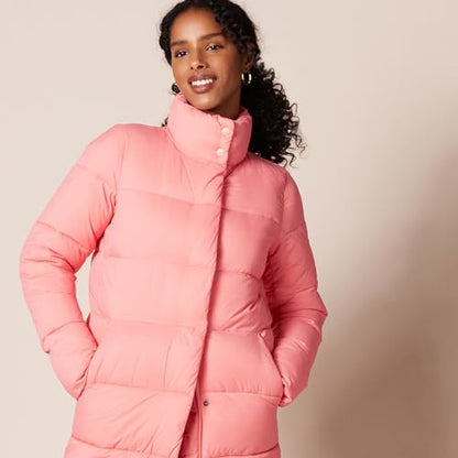 Amazon Essentials Women's Lightweight Full-Zip Water-Resistant Long Cocoon Puffer Winter Coat, Stand Collar, Insulated - color: Pink, size: Small