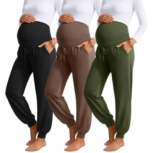 3 Pack Womens Maternity Pants Loose Pregnancy Joggers - color: Army Green, Light Coffee, Black, size: Small