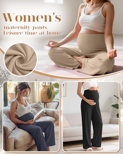 3 Pack Women's Maternity Lounge Pants with Pockets - color: Black, Charcoal Gray, Khaki, size: Small