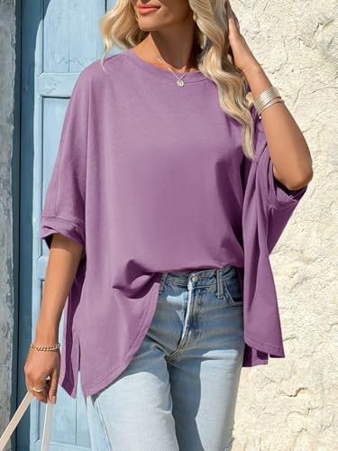 Tankaneo Womens Oversized Tshirts Batwing Short Sleeve Asymmetric Hem Tops - color: Purple, size: Medium
