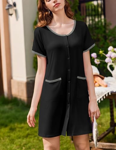 Ekouaer 2 Pack Nightgowns for Women Button Down Houese Dress with Pockets - color: Black/Dark Grey, size: Medium
