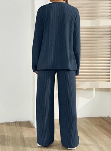BLENCOT Maternity Lounge Set 2 Piece Long Sleeve Top and Pants with Pockets - color: Dark Blue, size: Medium