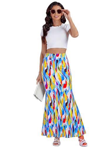 KIFOVEN Women's Foldover High Waist Maxi Skirt - color: Colorful Moire, size: Large