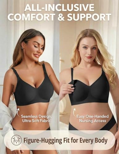 Avidlove Women's Seamless Bras Nursing Bras for Breastfeeding Tshirt Everyday Bra - color: Black, size: Large