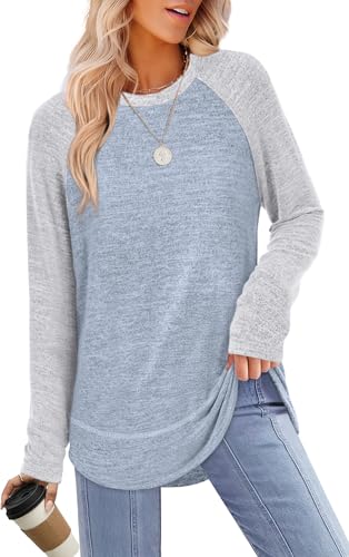 Sampeel Long Sleeve Shirts for Women Tunic Tops Loose Fit Dressy Crew Neck Pullover Sweaters 2026 - color: Light Grey Blue, size: Small