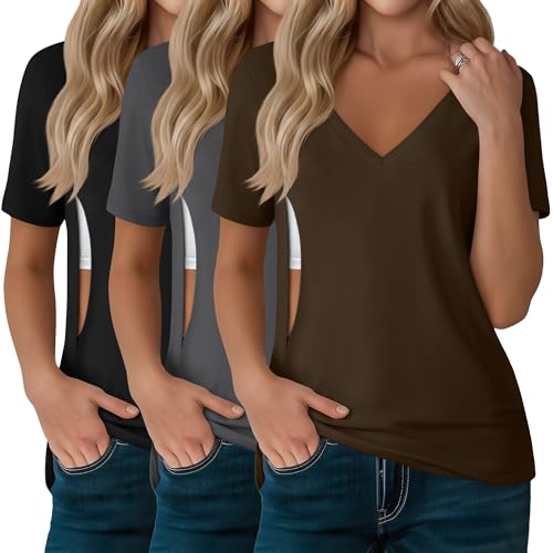 3 Pack Women's Nursing Tops Hidden Zipper - color: Black, Dark Gray, Coffee, size: Small