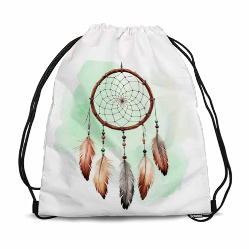 Drawstring Backpack Gym Backpack Dreamcatcher Net Lightweight Waterproof Heart Shape Beautiful Feathers with Green Brown Bead 14x16.9 Inch green - color: Dreamcatcher Net