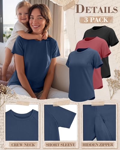 3 Pack Womens Nursing Tops - color: Haze Blue, Dark Pink, Black, size: Small