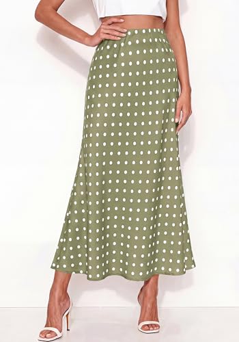 BTFBM Silk Midi Skirts for Women 2026 Summer Fall - color: Dot Green White, size: Large