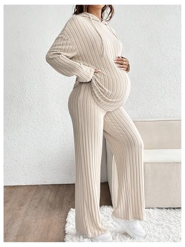 MakeMeChic Women's Maternity 2 Piece Sets Ribbed Knit Hoodie Pants Outfits - color: Apricot, size: X-Large