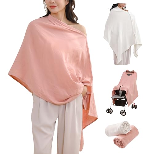 TADO MUSLIN 2-Pack Muslin Nursing Cover for Baby Breastfeeding, 100% Organic Cotton Breastfeeding Cover for Mom, Soft Breathable Privacy Nursing Apron, Multi-use Stroller Cover & Car Seat Canopy Pink - color: Pink & Beige, size: Large