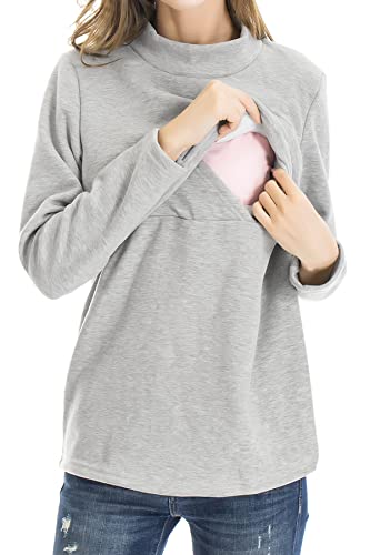 Smallshow Women's Fleece Nursing Tops Shirts Long Sleeve Breastfeeding Clothes - color: Light Grey, size: X-Large