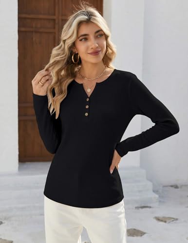 Zeagoo Women's Long Sleeve Waffle Knit Tops 2026 Fall Henley V Neck Shirts - color: Black, size: Large