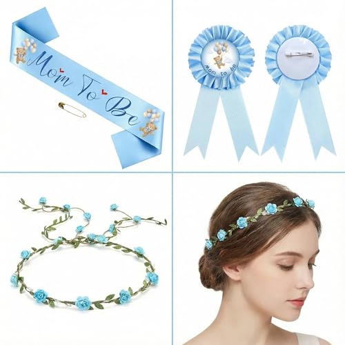 Bearly Wait Mom to Be Sash Teddy Bear Baby Shower Decor Set - color: Blue