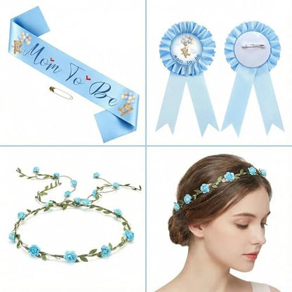 Bearly Wait Mom to Be Sash Teddy Bear Baby Shower Decor Set - color: Blue
