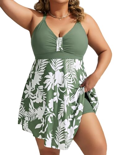 Hanna Nikole Women Plus Size Swimsuit One Piece Tummy Control Bathing Suit - color: Green White Print, size: Small