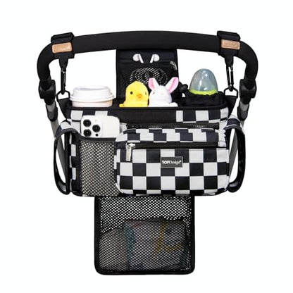 TOPDesign Universal Baby Stroller Organizer, Stroller Caddy with Detachable Mesh Bag & Heightened Insulated Cup Holders & Non-Slip Secure Hooks Accessories, Fits Most Strollers (Checkerboard) - color: Checkerboard, style: Pro