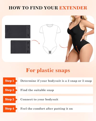 Women Bodysuit Extender Adjustable Snap Crotch Add Length To Crotch Extender(Not suitable for metal clasp) - color: Black-（2pc,2 Plastic，3" Length+4" Length）