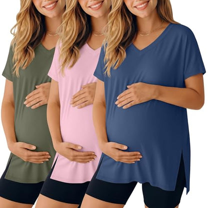 Ficerd 3 Pack Women's Maternity Shirts - color: Army Green, Muted Pink, Hazy Blue, size: Medium