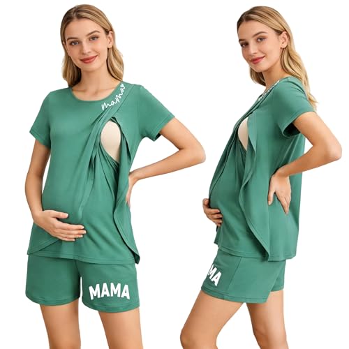 Maternity Nursing 2 Piece Pajama Set Double Layer Breastfeeding Sleepwear - color: A-green, size: Medium