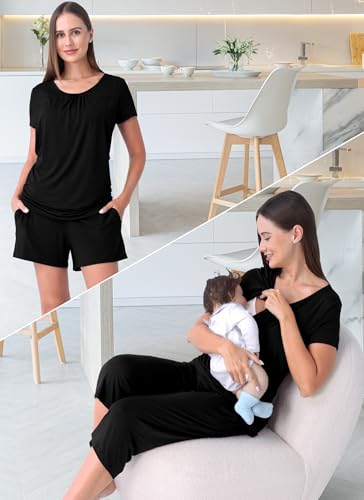 3 Piece Nursing Pajamas Set for Women Maternity & Postpartum Pjs - color: Black, size: Small