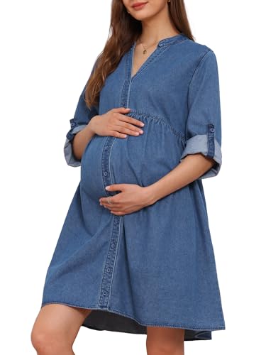 Women's Maternity Denim Dress Babydoll Long Sleeve Cotton Button Down Shirt Dresses Fall - color: Blue, size: Small