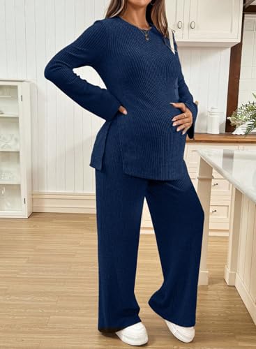 BLENCOT Maternity 2 Piece Outfits Ribbed Knit Long Sleeve Sets - color: Dark Blue, size: Medium