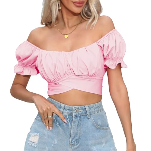 Women's Crop Tops Ruffle Short Sleeve Tie Back Off Shoulder Blouse - color: Baby Pink, size: X-Large