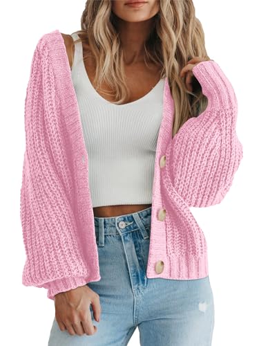 PRETTYGARDEN Women's Chunky Knit Open Front Cardigan Sweaters Fall Outfits - color: Pink, size: Medium