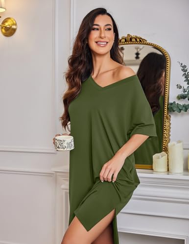 Ekouaer Womens Plus Size Nightgown Bamboo Viscose Short Sleeve Sleepshirt - color: Green, size: Large