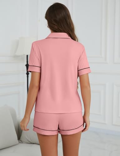 Womens Pajamas Shorts Set 2 Piece Button Down Pj Tops Lounge Sets - color: Pink, size: Medium