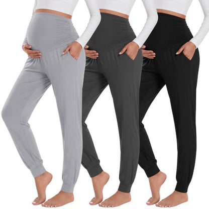 Neer 3 Pack Maternity Joggers Lounge Sweatpants with Pockets - color: Black, Dark Gray, Light Gray, size: X-Large