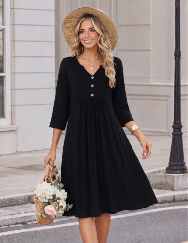 Zeagoo Womens Dresses 3/4 Sleeve Casual Fall A Line Midi Dress with Pockets - color: Black, size: Large
