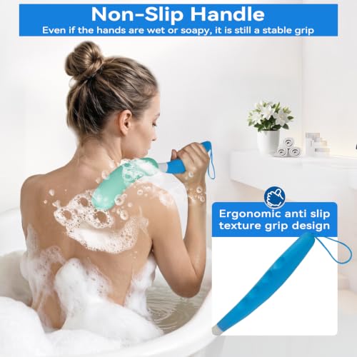 Back Scrubber for Shower,15.35"Curved Body Brush with Anti Slip Long Handle - size: Black+Pink Handle (Medium)
