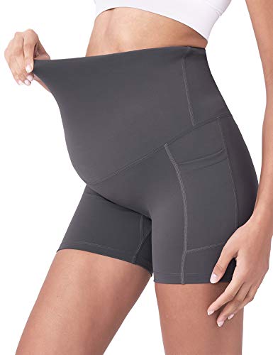 POSHDIVAH Maternity Biker Shorts Over the Belly with Pockets 5"/8" - color: Grey, size: Medium