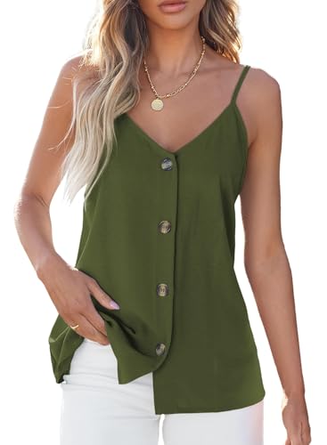 BLENCOT Womens Summer Spaghetti Strap Tank Tops Button Casual Camisoles - color: Green, size: Large
