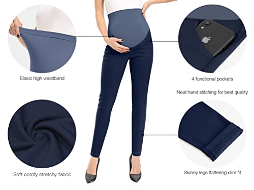 POSHGLAM Women's Maternity Pants Casual Work Pull-on Stretch Comfy Skinny Pregnancy Pants with Pockets - color: Navy, size: Large