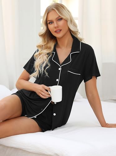 Samring Womens Pajamas Set Short Sleeve Button Down Sleepwear 2 Piece Pjs - color: Black, size: XX-Large