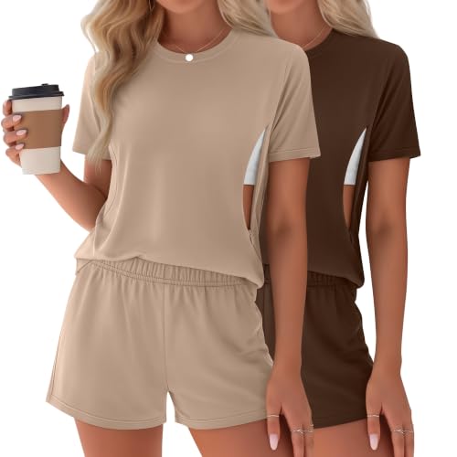 Riyiper 2 Packs Women's Nursing Pajamas Set - color: Khaki, Brown, size: Large