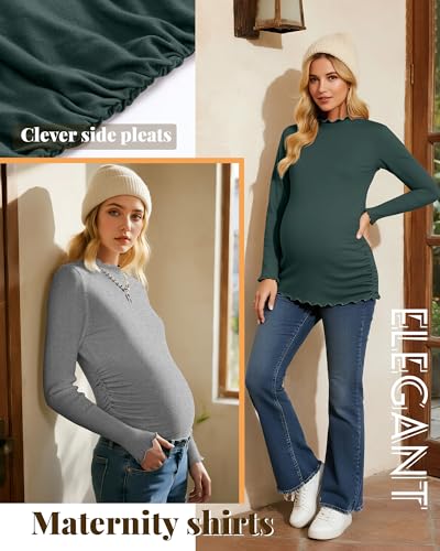 4 Pack Women Maternity Side Ruched Long Sleeve Shirts - color: Dark Green, Teal, Light Gray, Black, size: Medium