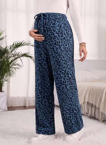 BLENCOT Maternity Pants Leopard Wide Leg Drawstring Pregnancy Trousers - color: Blue, size: Small