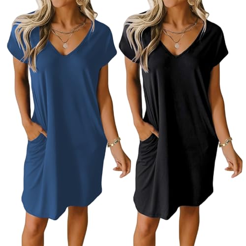 Ekouaer Womens 2 Pack Nightgown with Pockets Short Sleeve Night Shirts - color: Black and Blue, size: X-Large