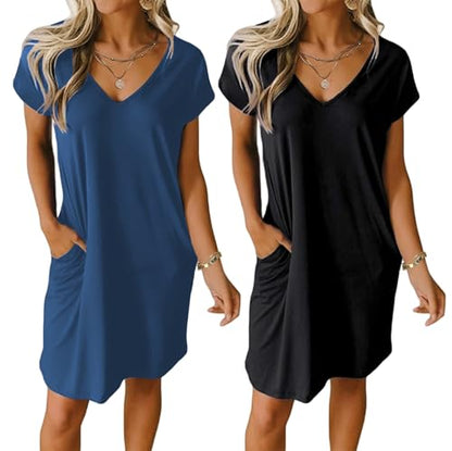Ekouaer Womens 2 Pack Nightgown with Pockets Short Sleeve Night Shirts - color: Black and Blue, size: X-Large