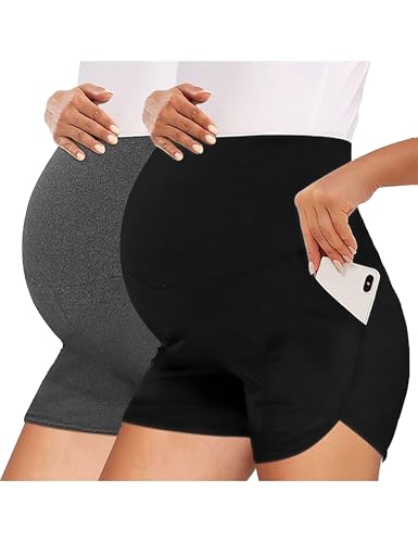 Peauty Maternity Shorts Over Belly Lounge Shorts with Pockets - color: 2-pack Black+gray, size: Large