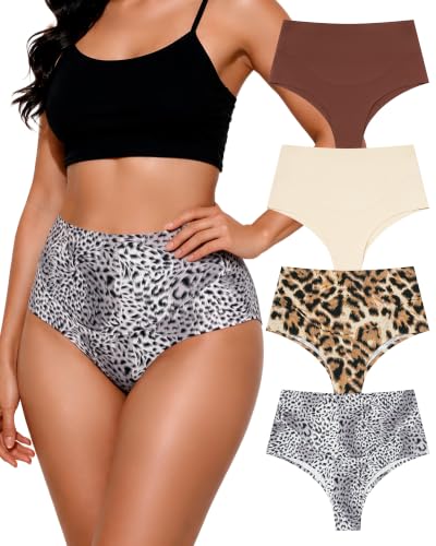LEVAO 4-Pack Women Tummy Control Thong High Waist Seamless Underwear S-XXL - color: Coffee, Nude, Ink-wash Leopard Print, Brown Leopard Print, size: X-Large