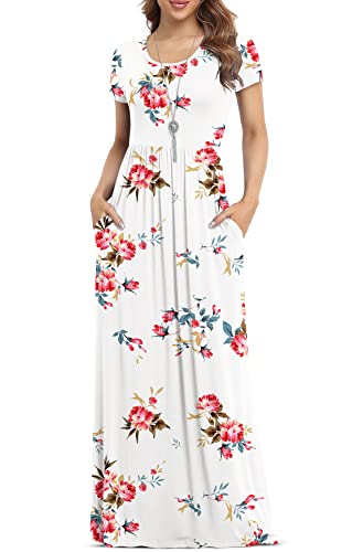 VIISHOW Women's Short Sleeve Loose Plain Maxi Dresses Casual Long Dresses with Pockets - color: 1-flower-white, size: X-Large