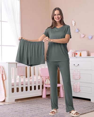 Rnxrbb 3 Piece Maternity Nursing Pajamas Set for Women Postpartum Pjs - color: Cyangray, size: Medium